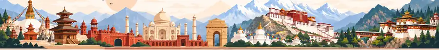 Illustrated skyline of Swayambhunath, Kathmandu's temples, the Red Fort, the Taj Mahal, India Gate, the Potala Palace and a Bhutanese dzong